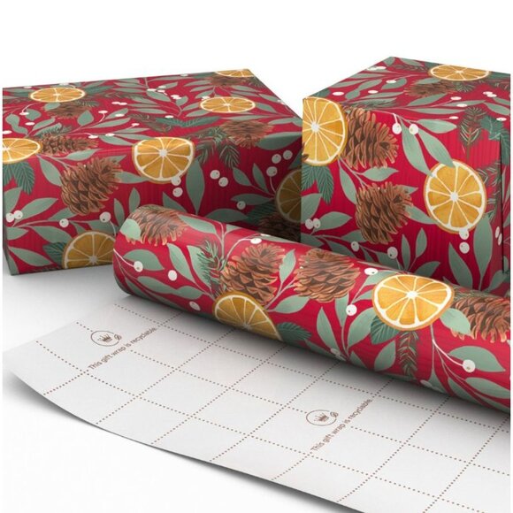 Hallmark Wrapping Paper Christmas Pinecones & Mistletoe Red 22.5 sq ft Roll Gift - Picture 4 of 6